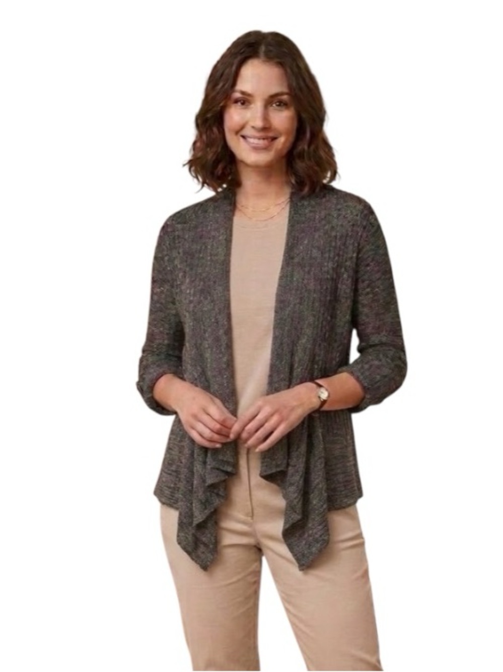 Eileen Fisher Brown Knit Open-Front Draped Cardigan Linen Blend Sz S Minimalist